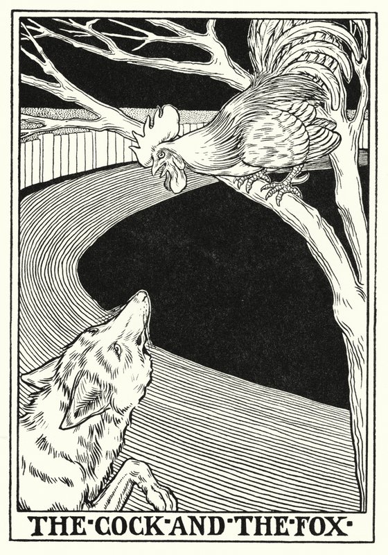 Fables of La Fontaine: Hanen och räven (litho) av Percy James Billinghurst