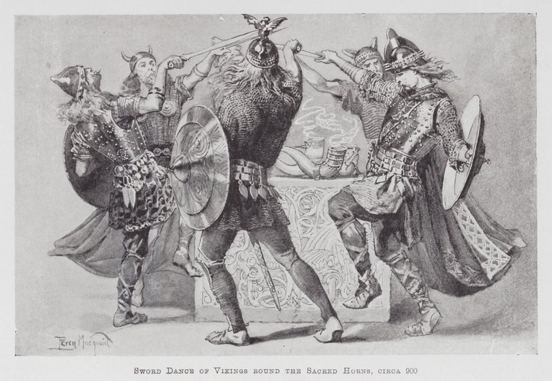 Dans: Vikingarnas svärddans runt de heliga hornen, cirka 900 (litho) av Percy Macquoid