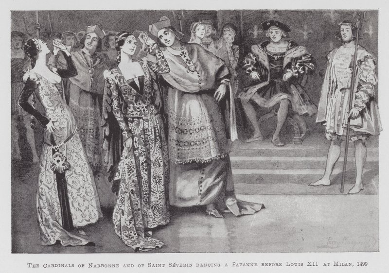 Dans: Kardinalerna från Narbonne och Saint Severin dansar en Pavanne före Ludvig XII i Milano av Percy Macquoid