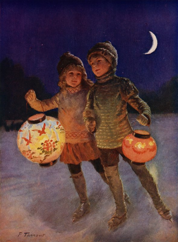 Pojke och flicka åker skridskor med felyktor på natten (färg litho) av Percy Tarrant