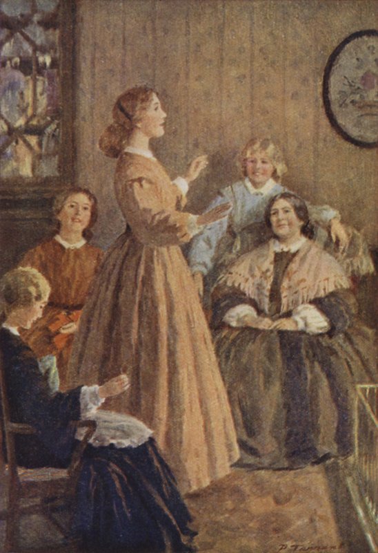 Illustration för små kvinnor av Louisa M Alcott (färg litho) av Percy Tarrant