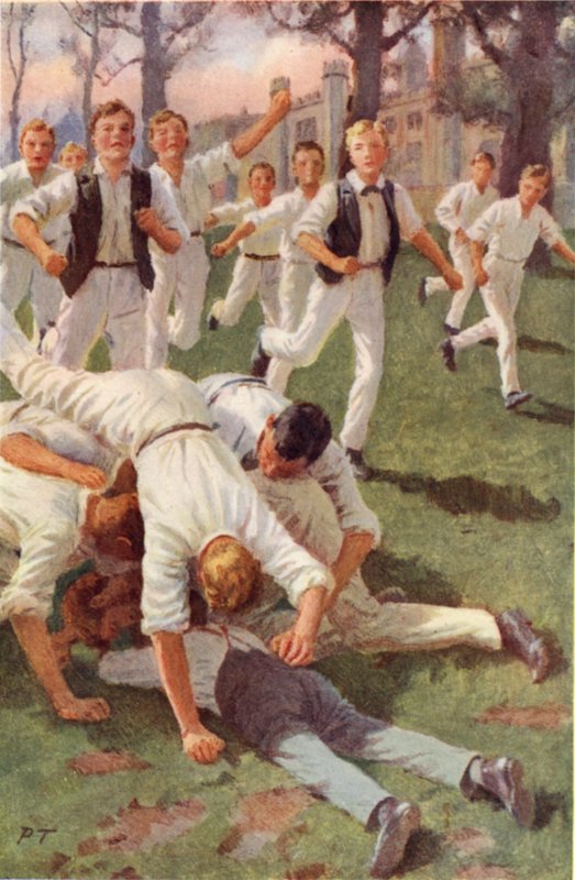 De två rusar in tillsammans och kastar sig på bollen (färg litho) av Percy Tarrant