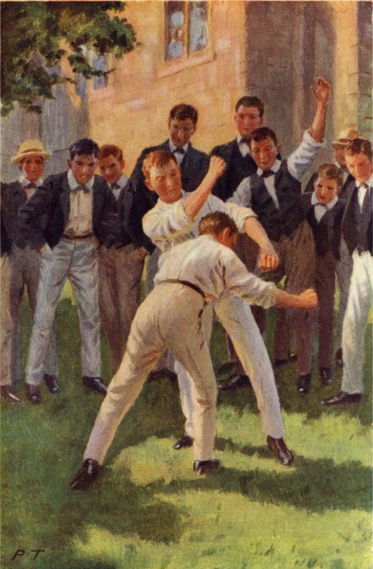 Tom går in och slår två tunga kroppsslag (färg litho) av Percy Tarrant