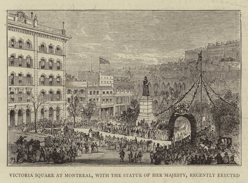 Victoria Square i Montreal, med den nyligen uppförda statyn av Hennes Majestät. av Percy William Justyne
