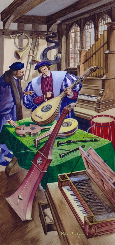 En tillverkare av musikinstrument i sin butik på Tudor-tiden av Peter Jackson