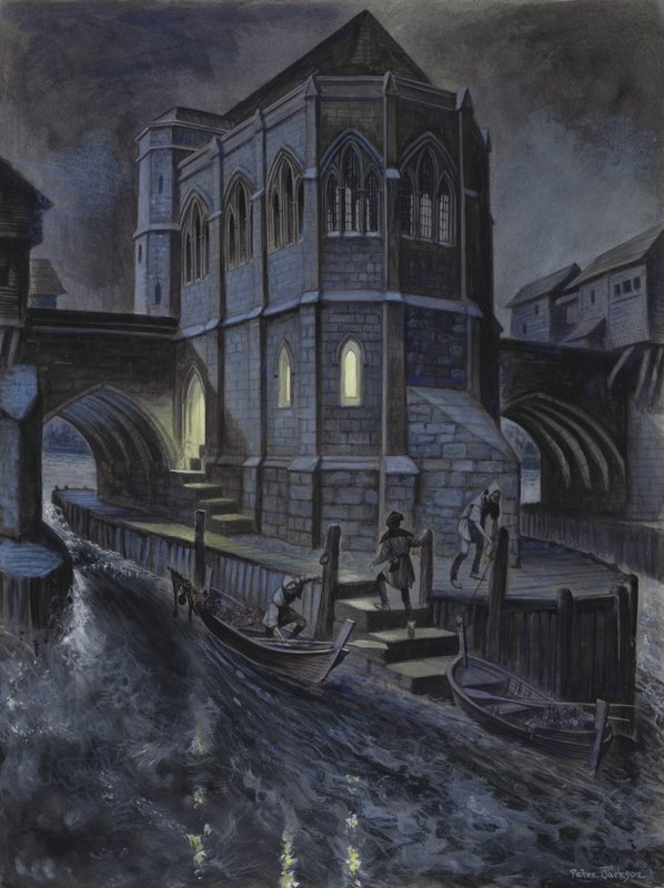 Imaginär rekonstruktion av det första kapellet på Old London Bridge av Peter Jackson