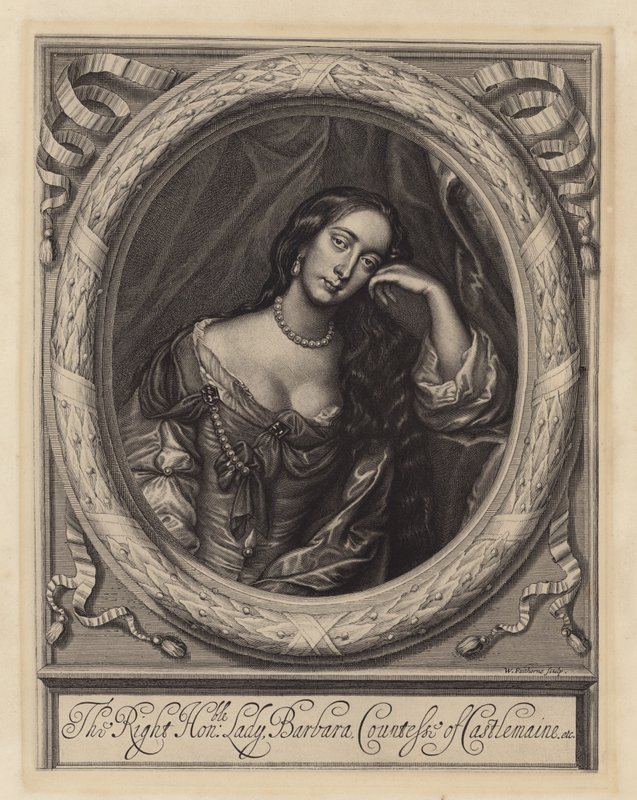 Barbara Villiers, grevinna av Castlemaine, älskarinna till kung Charles II (gravyr) av Peter (after) Lely