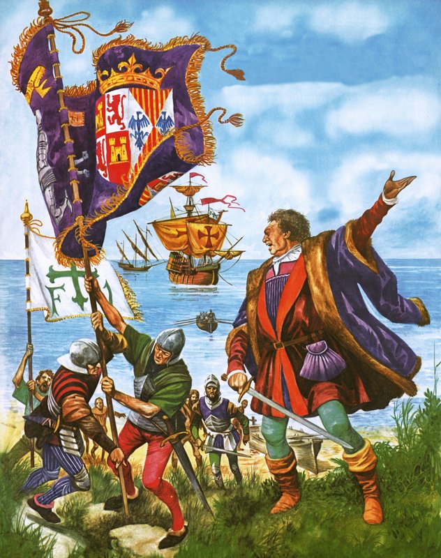 Christopher Columbus planterar den spanska kungliga standarden på det nyfunna landet Amerika av Peter Jackson
