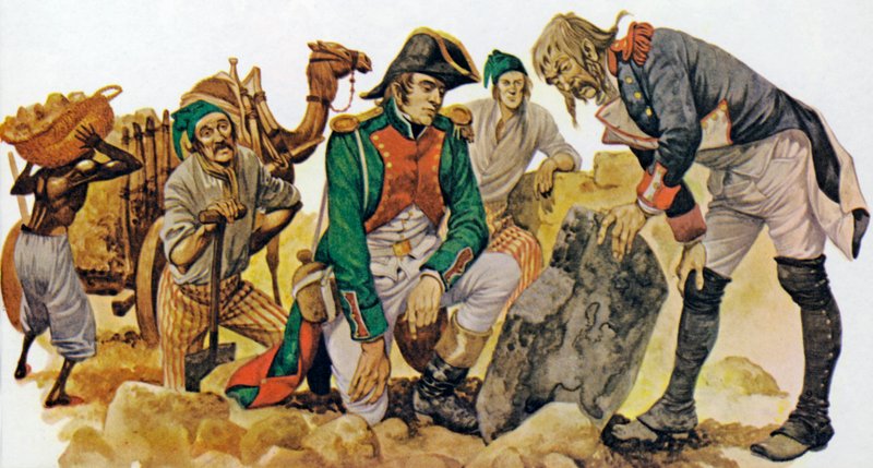Upptäckten av Rosettastenen i Egypten (färg litho) av Peter Jackson