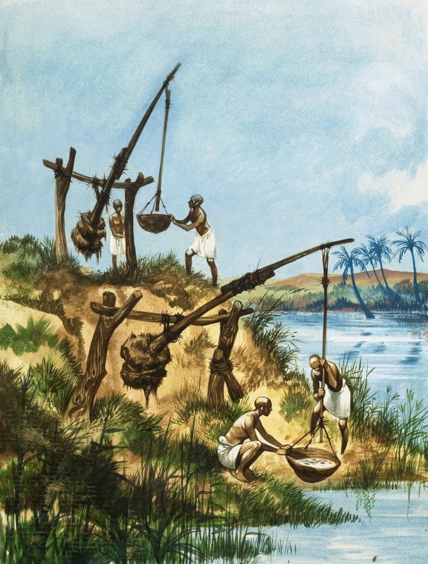 Tidiga egyptier använde ett system av vikter och stolpar som kallas shadoofs för att få vatten från Nilen av Peter Jackson