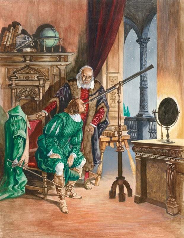 Galileo, som nu är blind, låter en vän titta på stjärnorna genom teleskopet från balkongen i sitt arbetsrum i Pisa. av Peter Jackson