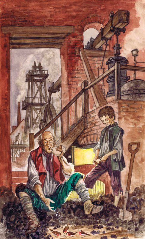 George Stephenson tittar på sin far mata smulor till rödhakarna han hade tämjt (gouache på papper) av Peter Jackson