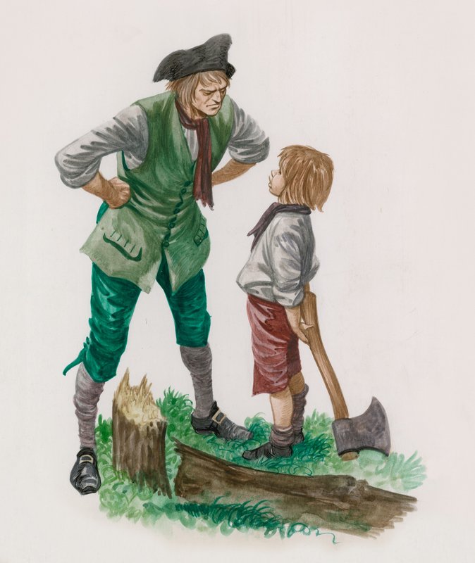 George Washington, efter att ha huggit ner körsbärsträdet, med sin far av Peter Jackson
