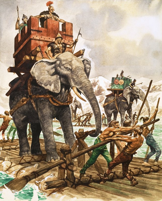 Hannibal och hans elefanter korsar en flod med flotte av Peter Jackson