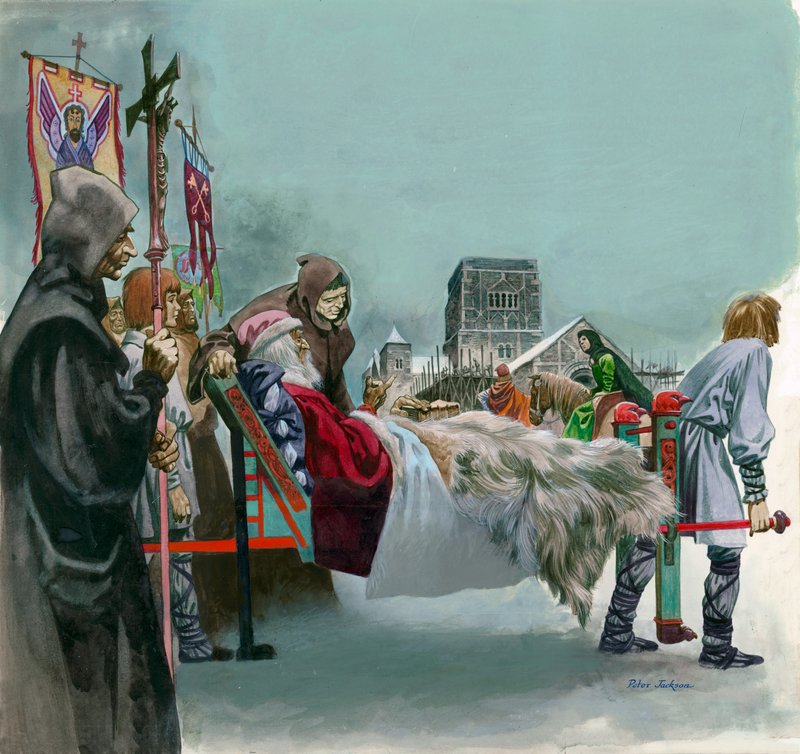 Kung Edward, senare Saint Edward the Confessor, tittar på byggandet av Westminster från en kull där han ligger sjuk av Peter Jackson