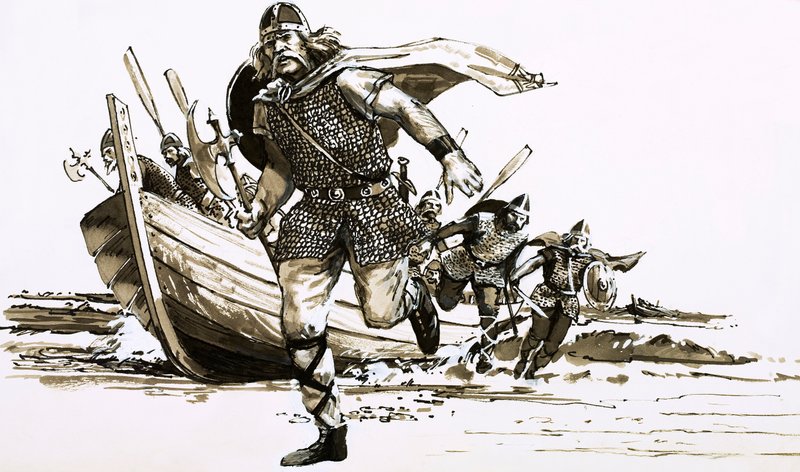 Kung Vortigern tog med två barbarhövdingar - Hengest och Horsa - till Storbritannien (gouache på papper) av Peter Jackson