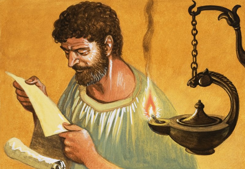 Låt det finnas ljus! Grekisk man som läser med lampljus av Peter Jackson