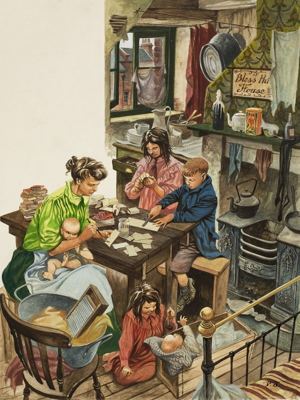 Tillverkning av tändsticksaskar (gouache på papper) av Peter Jackson
