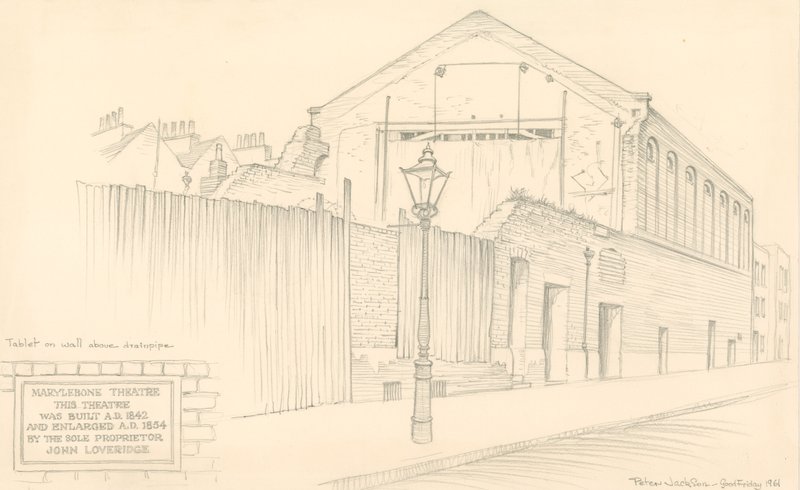 Marylebone Theatre, London, baksidan av teatern på Mulready Street (ursprungligen Little Church Street) av Peter Jackson