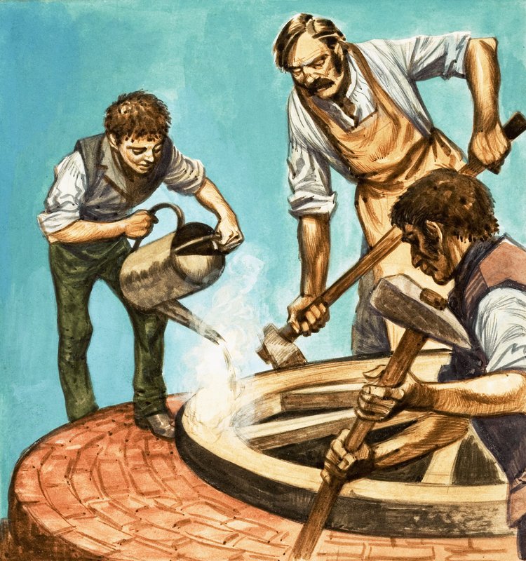 Det var en gång i tiden... livet i en by för hundra år sedan. Hjulmakare som sätter järnfälgen på ett hjul. av Peter Jackson