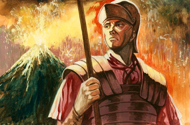 Askari wa Kirumi akiwa na Vesuvius wakilipuka kwa nyuma av Peter Jackson
