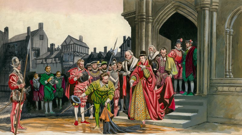 Sir Walter Raleigh lägger ner sin kappa för drottning Elizabeth I av Peter Jackson
