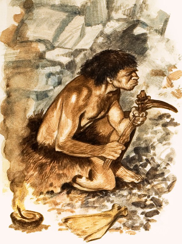 Stone Age Toolmaker (gouache på papper) av Peter Jackson