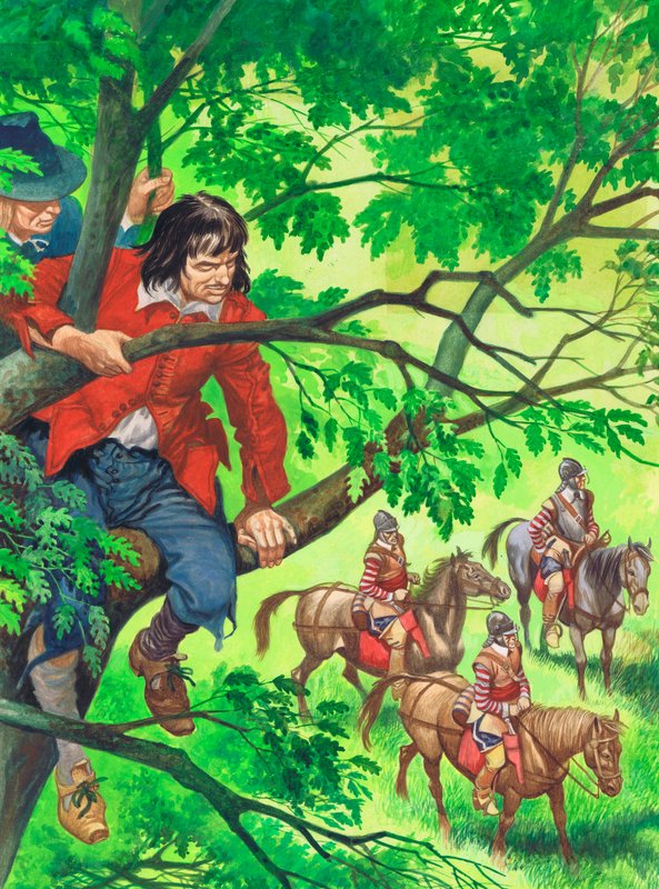 Den blivande kungen Karl II gömmer sig i Boscobel eken (gouache på papper) av Peter Jackson