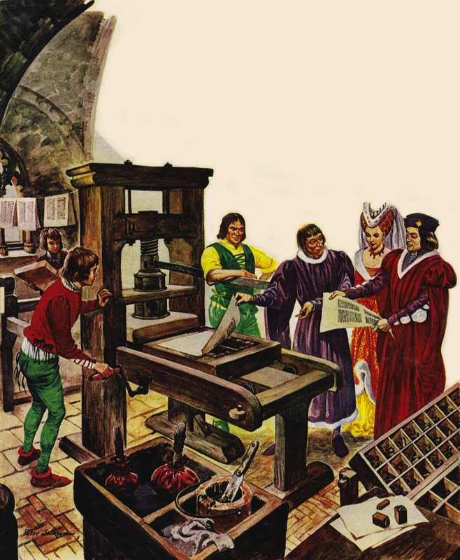 William Caxton visar upp sin tryckpress för kung Edward IV och hans drottning Elizabeth av Peter Jackson