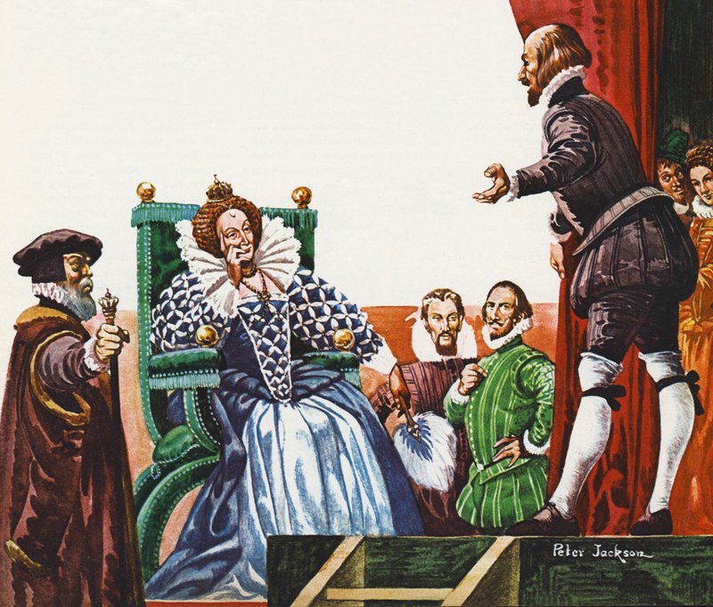 William Shakespeare presenterar en av sina pjäser för drottning Elizabeth I av Peter Jackson