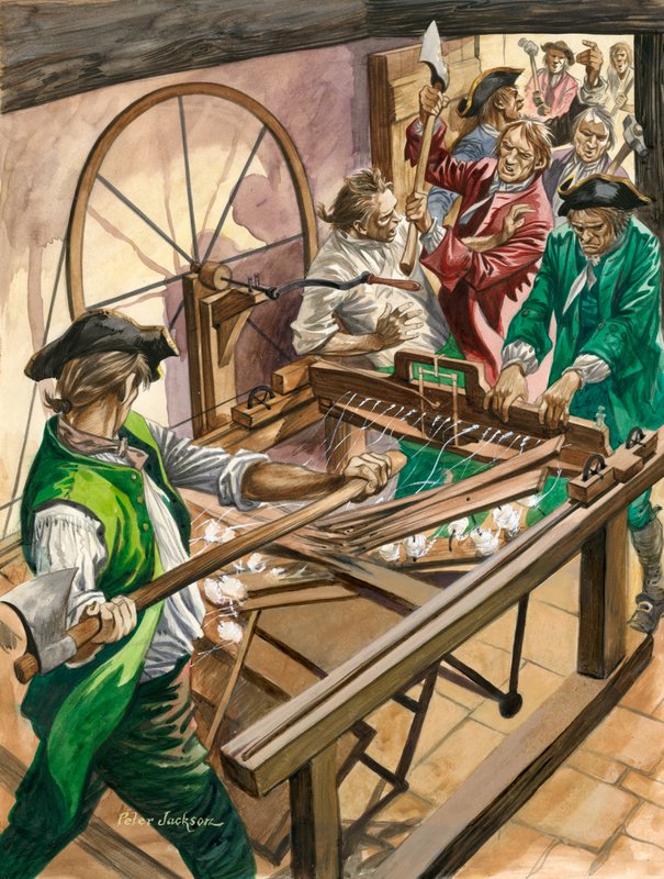 Arbetare attackerar James Hargreaves hem i Blackburn för att förstöra hans uppfinning, Spinning Jenny av Peter Jackson