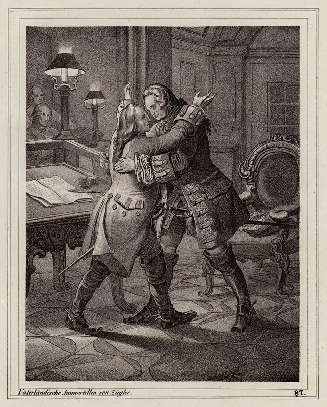Eugen av Savojen omfamnar hertigen av Marlborough, Spanska tronföljdskriget av Peter Johann Nepomuk Geiger