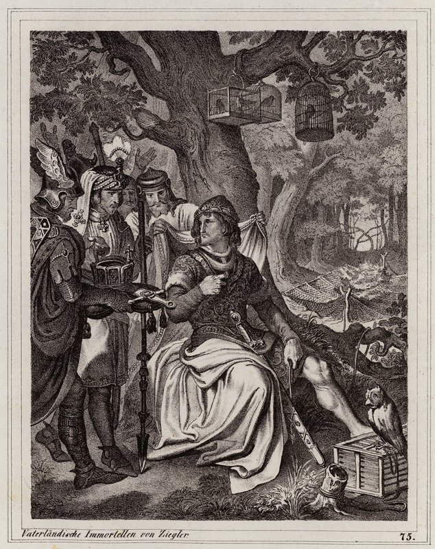 Henry the Fowler tar emot beskedet att han är kung av Östfrankrike, 919 (gravyr) av Peter Johann Nepomuk Geiger