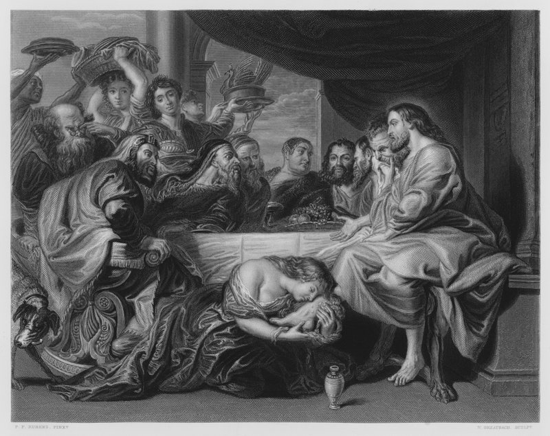 Maria smörjer Kristi fötter, från bilden i Kungliga Samlingen (gravyr) av Peter Paul (after) Rubens