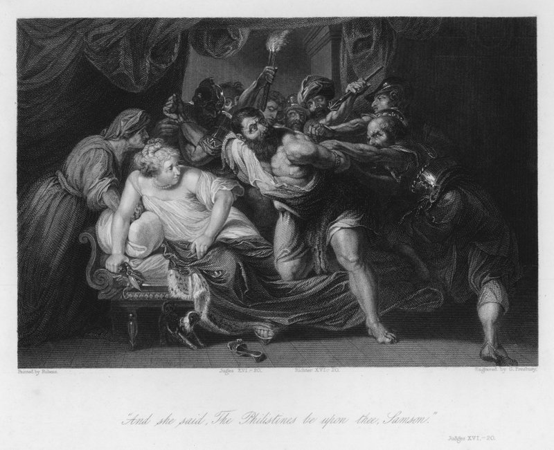 Simson förrådd av Delila, domare XVI, 20 (gravyr) av Peter Paul (after) Rubens