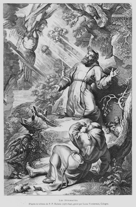 St Francis tar emot Stigmata (litho) av Peter Paul (after) Rubens