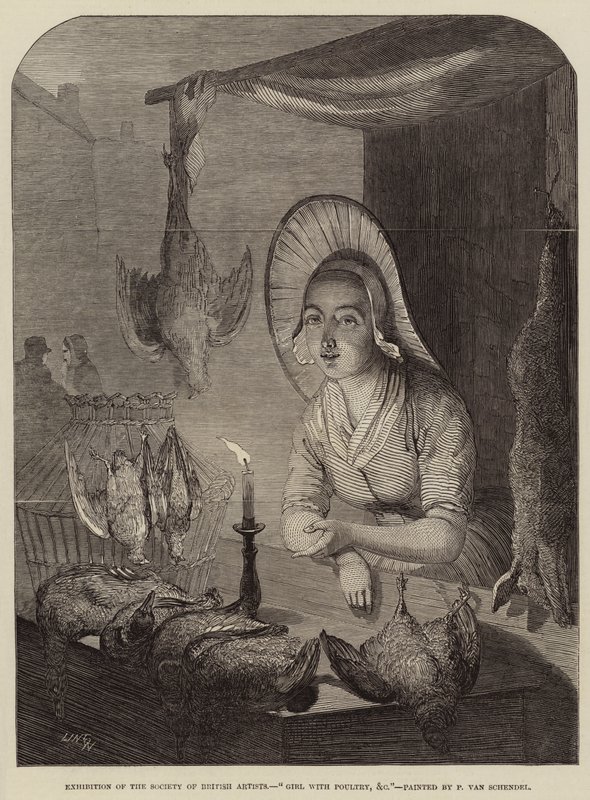 Tjej med fjäderfä osv av Petrus van Schendel