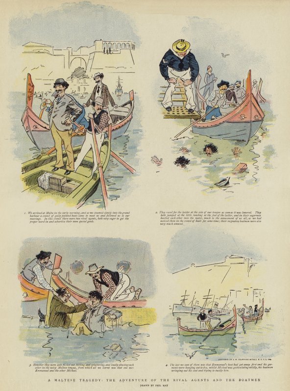 En maltesisk tragedi, de rivaliserande agenternas och båtsmännens äventyr (chromolitho) av Phil May