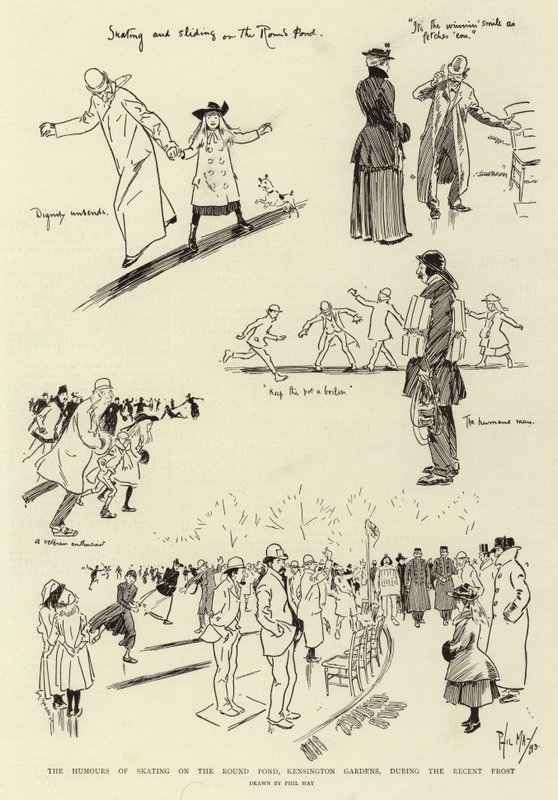 The Humors of Skating på Round Pond, Kensington Gardens, under den senaste tidens frost av Phil May