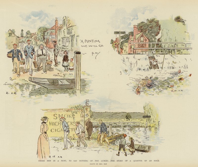 Three Men in a Punt, to Say Nothing of the Lunch, the Story of a Quarter of an Hour (chromolitho) av Phil May