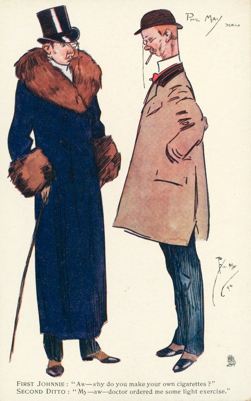 Två herrar som pratar om cigaretter och träning (färg litho) av Phil May