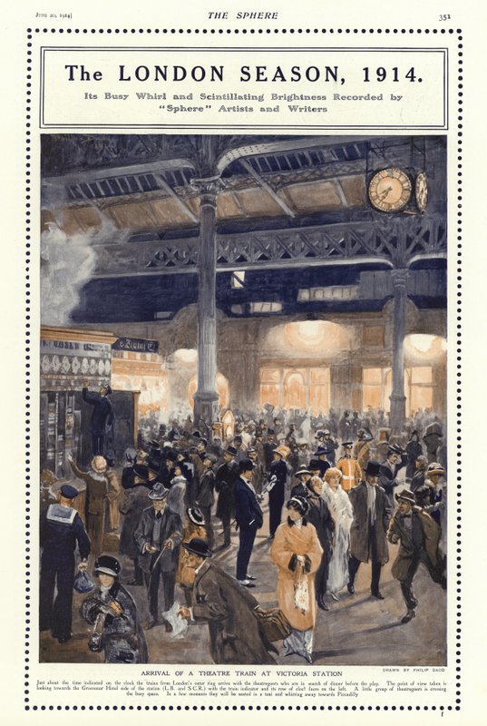 Ankomst av ett teatertåg till Victoria Station, London av Philip Dadd