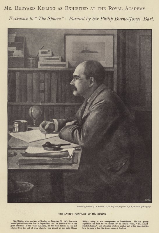 Porträtt av Rudyard Kipling utställt på Royal Academy (litho) av Philip (after) Burne Jones