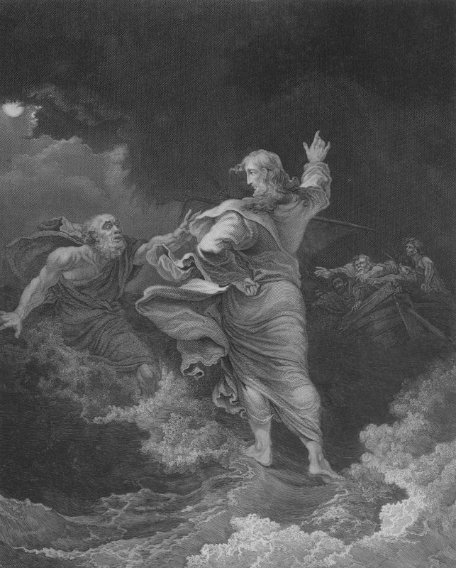 Kristus går på havet, Matteus 14, vers 22-34 (gravyr) av Philippe de (after) Loutherbourg