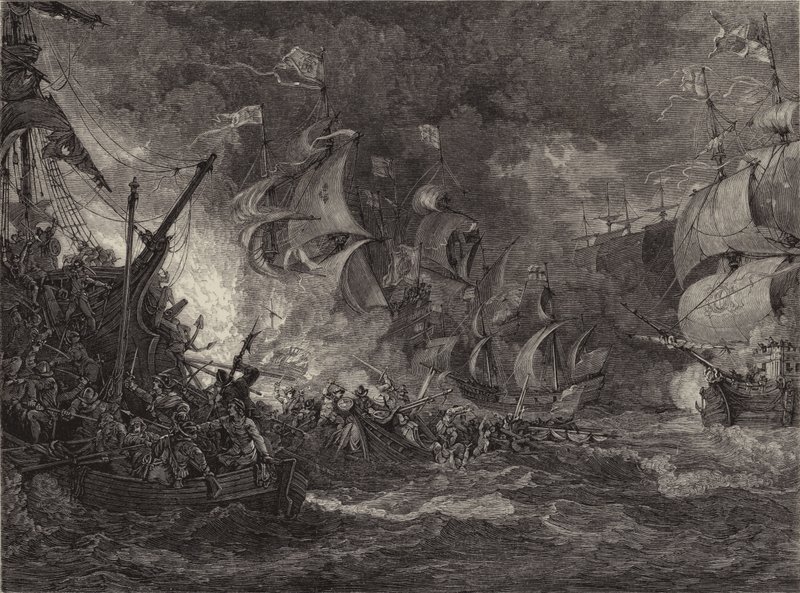 Den spanska armadans nederlag (gravyr) av Philippe de (after) Loutherbourg