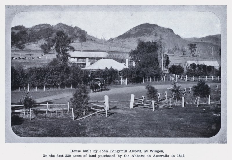 Hus byggt av John Kingsmill Abbott, i Wingen, på de första 330 hektar mark som köptes av Abbotts i Australien 1843 (s/v foto) av Photographer Australian