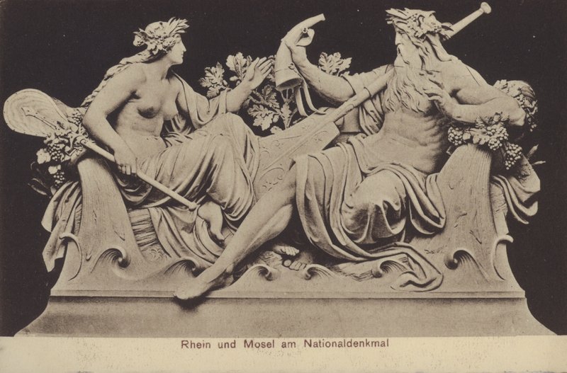 Allegoriska figurer som representerar Rhen och Mosel vid Nationaldenkmal, monument till minne av Tysklands enande, Rudesheim am Rhein, Hessen (s/v foto) av Photographer German