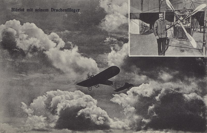 Franske flygaren Louis Bleriot och hans monoplan (s/v foto) av Photographer German