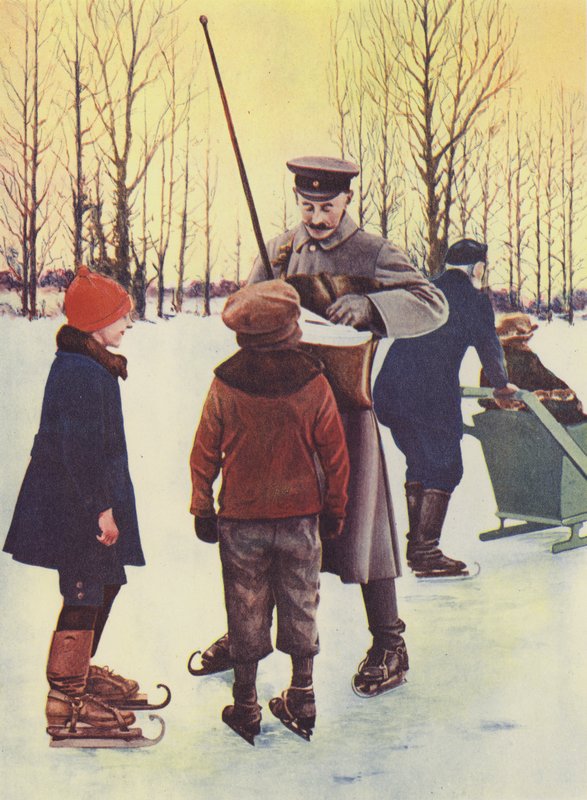 På vintern går den här tyska brevbäraren sin runda på skridskor (färgfoto) av Photographer German