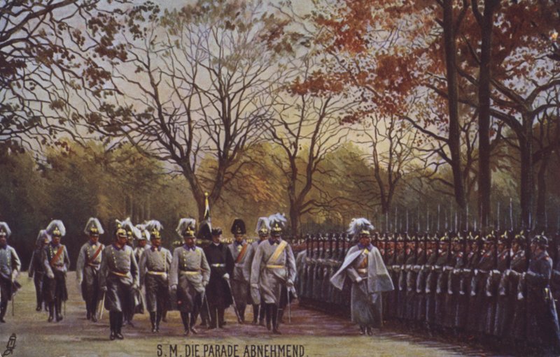Kaiser Wilhelm II inspekterar tyska soldater på parad (färgad bild) av Photographer German